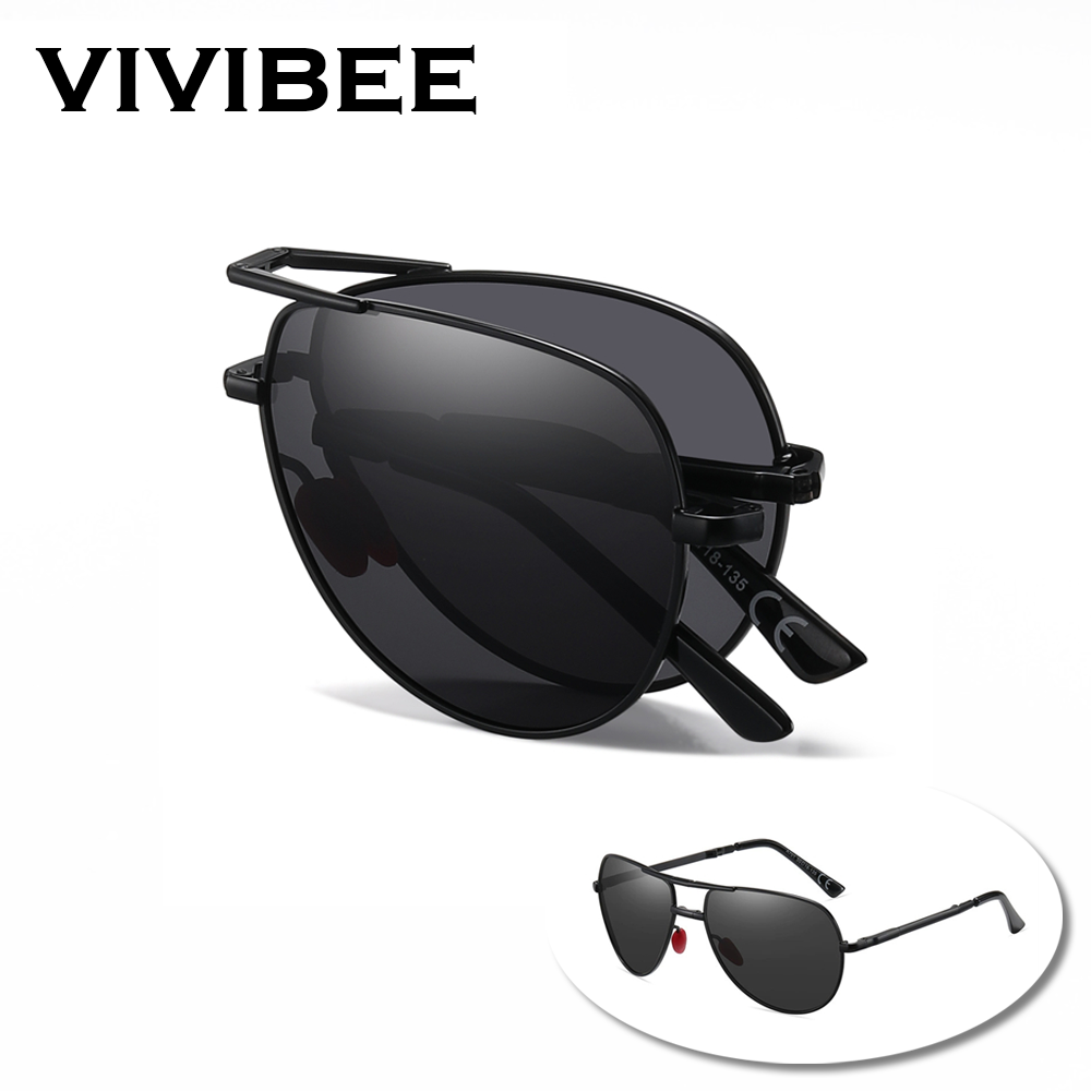 Sunglasses Aviator Polarized - VIVIBEE Metal Pilot Zwart Opvouwbare Zonnebril
