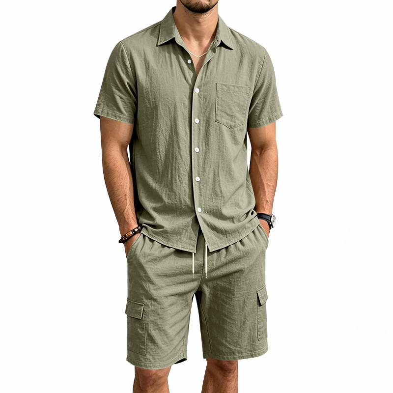 Short Linen Drawstring - Heren zomer Amerikaans linnen tweedelige set